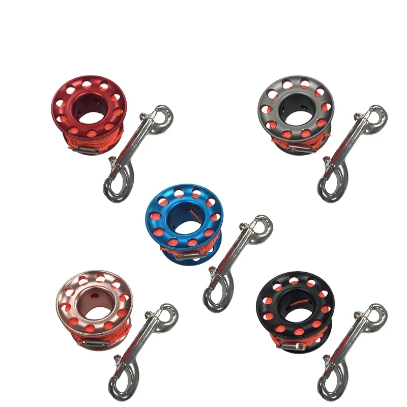 Scuba diving reel spool Aluminum with 30meters flat nylon rope twist protector 90mm SS316 double ended snap hook