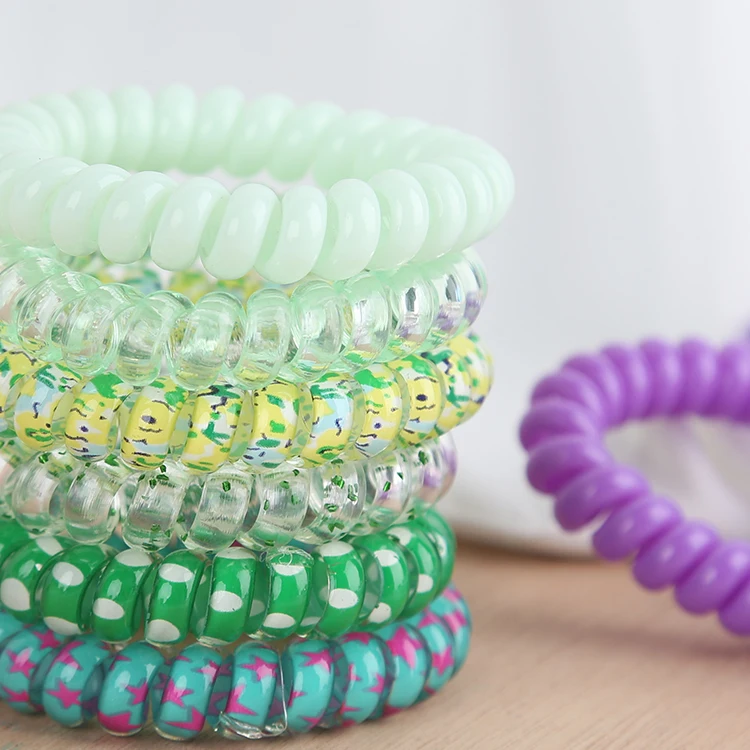 Candy Color 5Pcs Transparent Elastic Plastic Spiral Hair Ties Set Women Ponytail No Crease Coil Phone Cord Hair Scrunchy