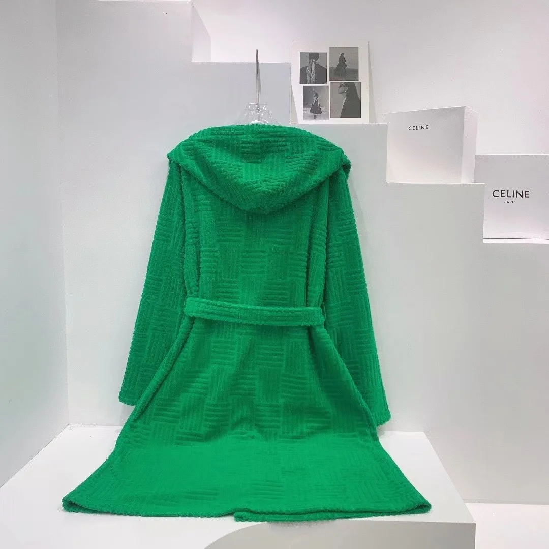 TX Early autumn new green women and men home casual nighty towel  coat robe jacquard tie hooded bathrobe unisex  pajama