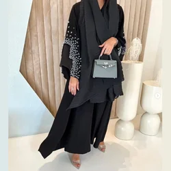 Custom 100% natural Jersey Fabric Black Eid Beads Sequins Embroidery Muslim Abaya Jalabiya For Women