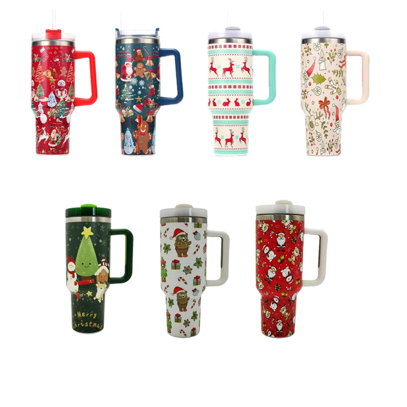 New Arrival Merry Christmas Sublimation Double Wall 304 Stainless Steel Christmas Printing 40oz Tumbler Coffee Mug with Handle