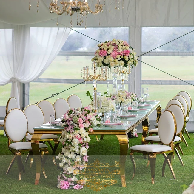 
Romantic glass top wedding hall gold stainless steel wedding table 