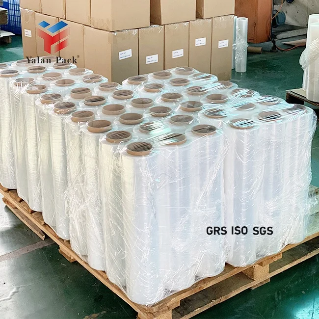 Transparent 50Kg 500M 20 Microns Handle Printed Mini Packing Roll Pallet Plastic Jumbo Roll Pe Wrap Lldpe Clear Stretch Film