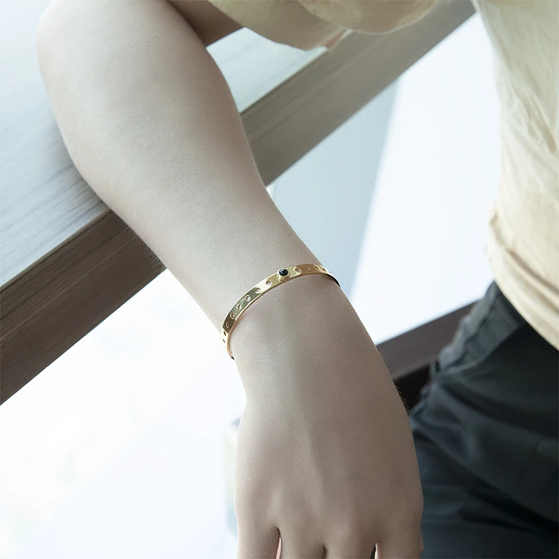 Modern Design Gold Plated Jewelry Stainless Steel Stone Charm Adjustable Cuff Bangle