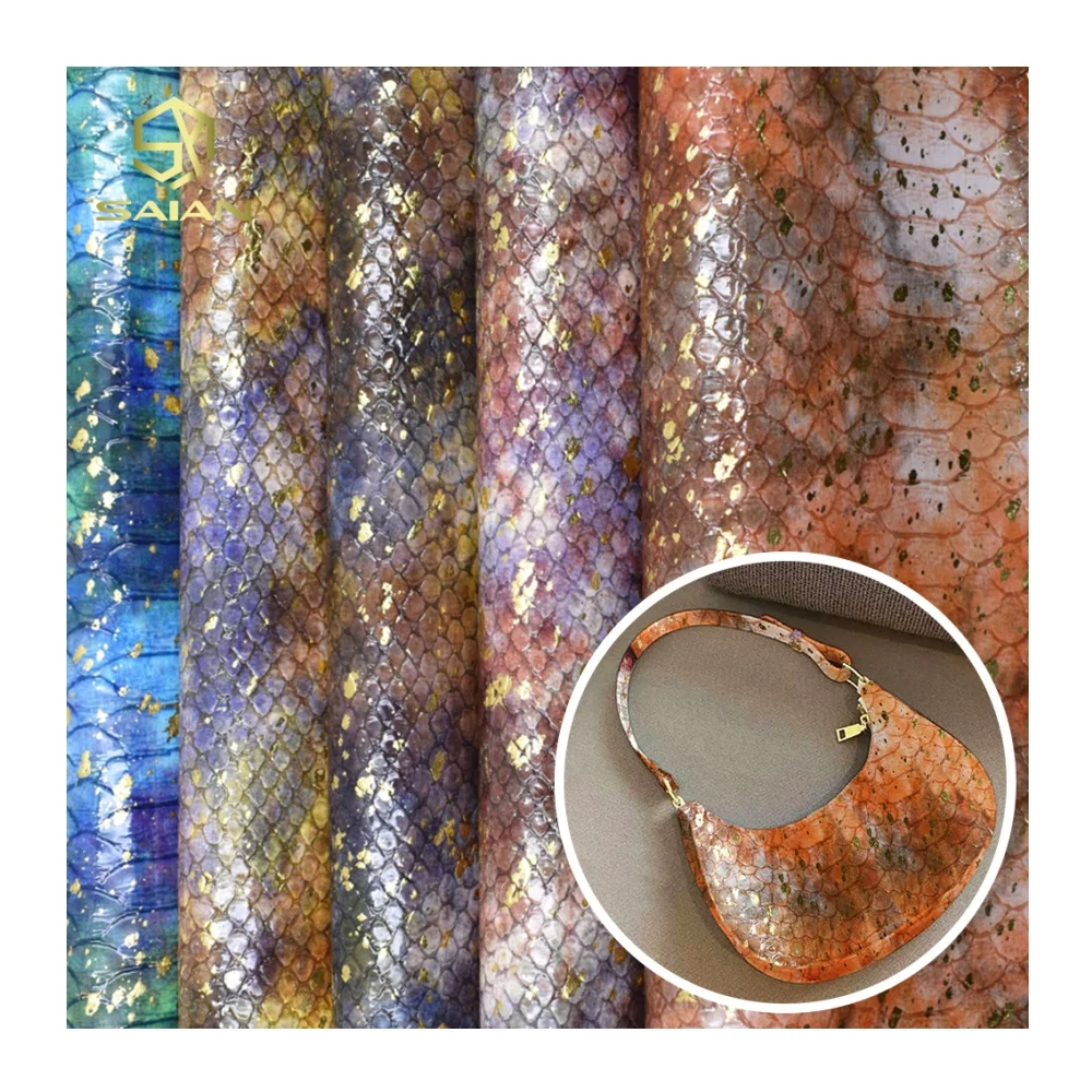 Colorful Metallic Foiled King Snake Animal Print Fabrics Gold Silver Stamping Glossy Python PU Faux Leather for Handbag Bags