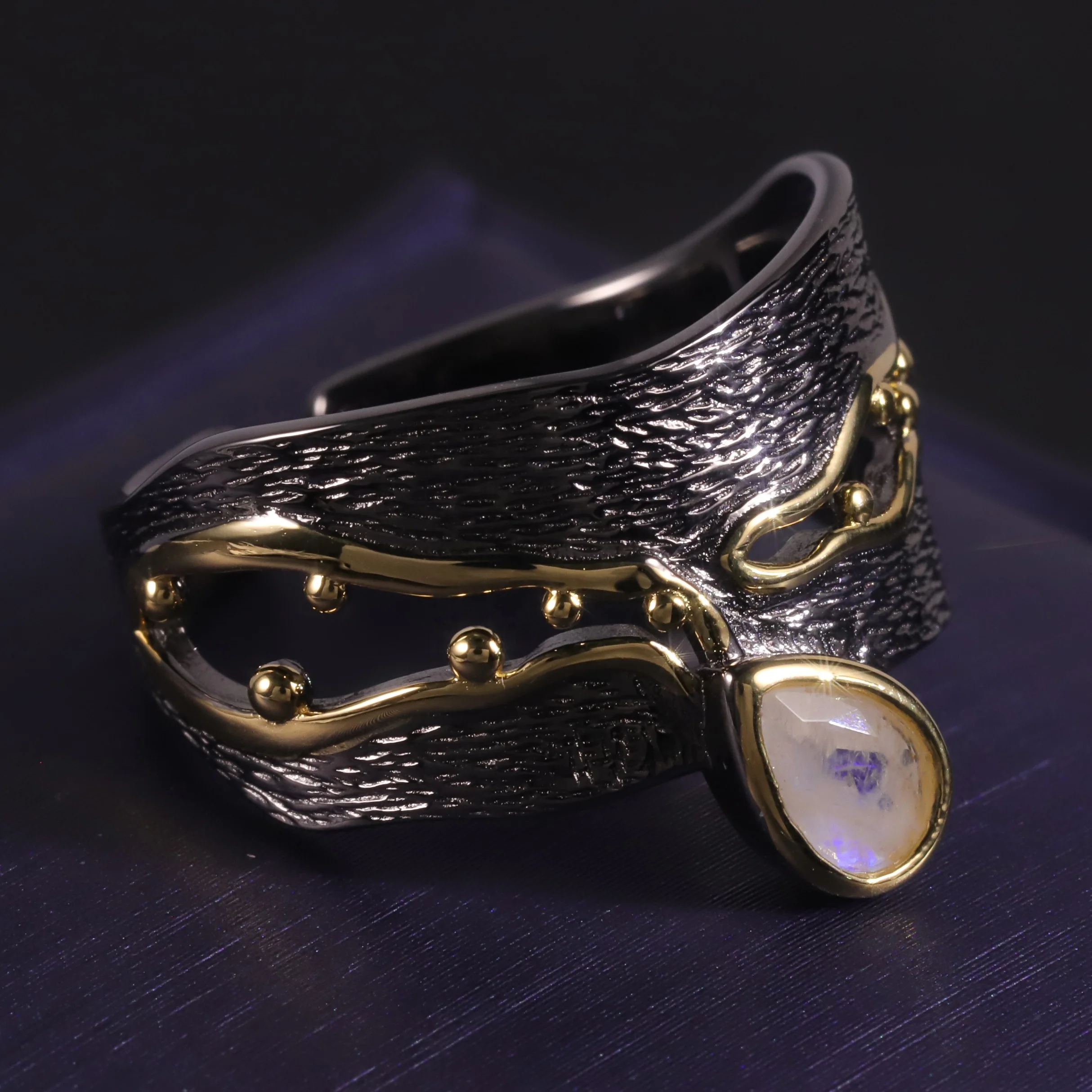 C7917 Abiding Direct Sale Vintage Costume 925 Silver Black Gun Plated Moonstone Gemstone Open Ring Pendant Jewelry Set