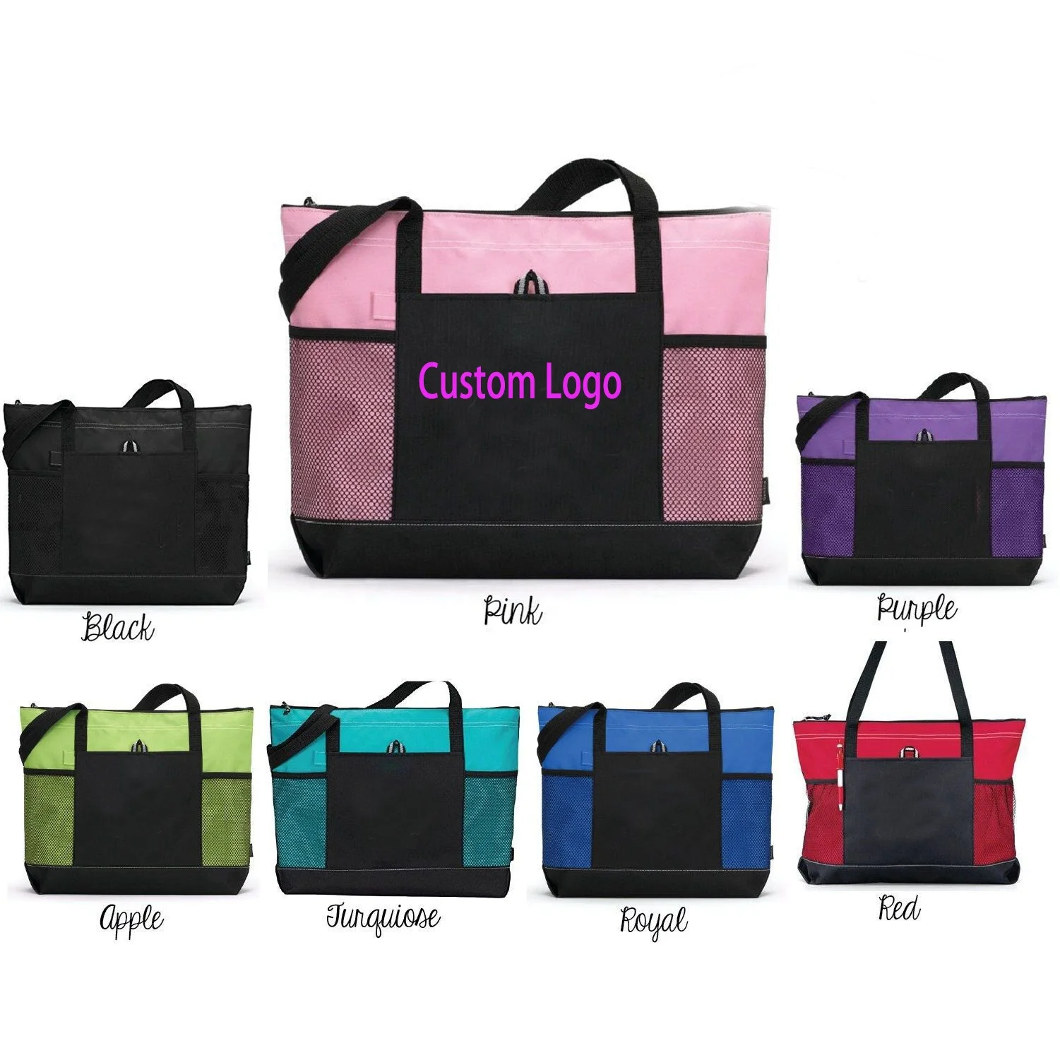 HOT Large Cheap Travel Exhibition Business Handle Carrier 600d Polyester Canvas Zippered Shopping Tote Bag With Mesh Pockets