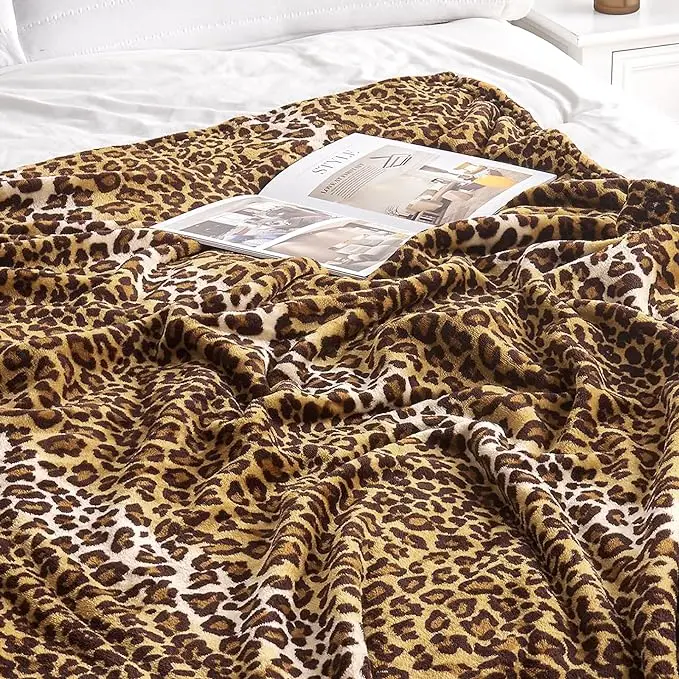 Leopard Print Blanket Fleece Throw Blanket for Bed Sofa Travel and Camping Soft Cozy Fluffy Plush Blanket 50 by 60inch