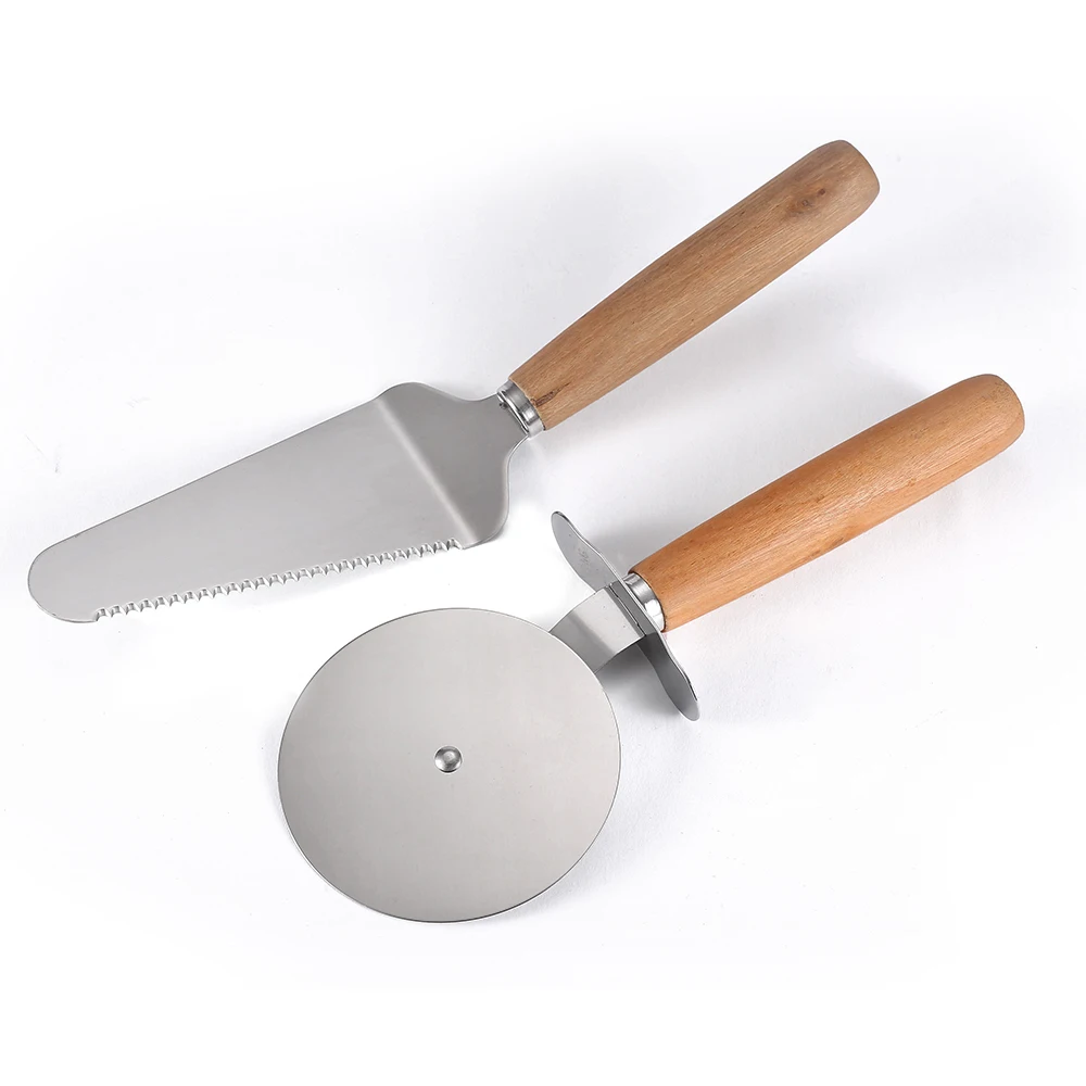 High quality 430 stainless steel pizza knife plate, oak handle/cake spatula pizza knife
