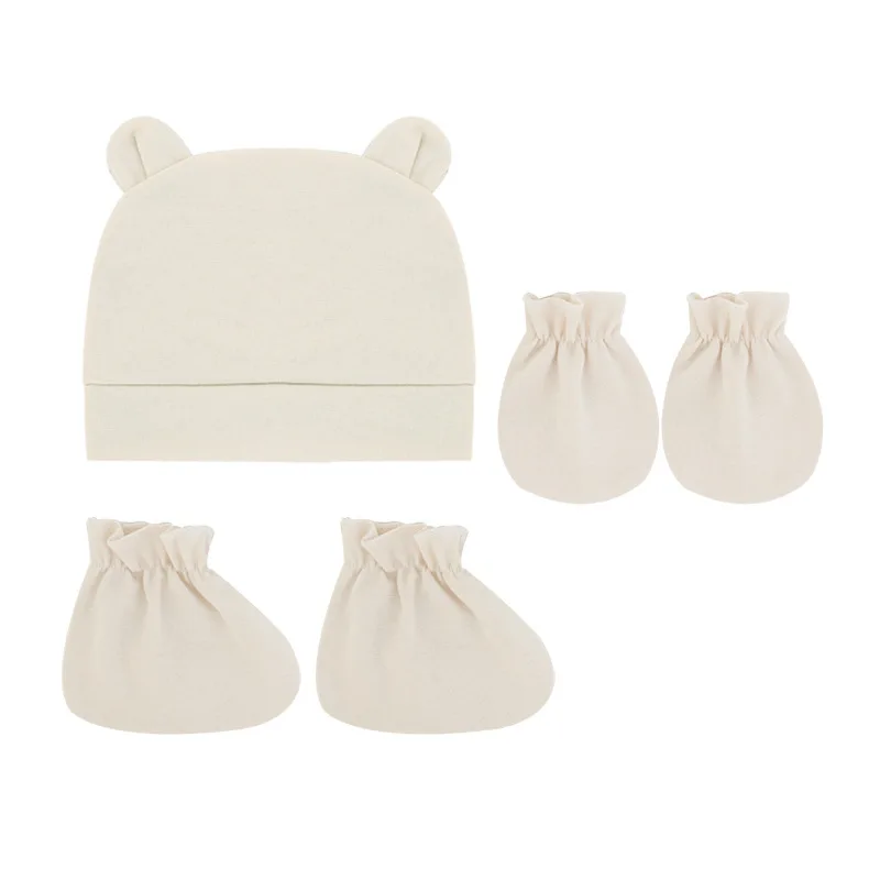 Newborn baby keep warm mitten booties set cute design plain color baby hats and mittens set
