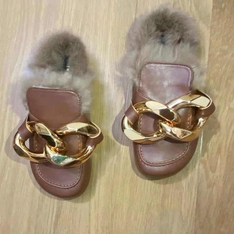 Женские шлепанцы LE Slide с металлической цепочкой большие размеры коллекция 2021 года модные зимние пушистые домашние меховые тапочки белого цвета
