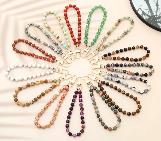 Natural Crystal Stone Beaded Mobile Phone Chains Amethyst Powder Obsidian Phone  Lanyard Wrist Strap Keychain