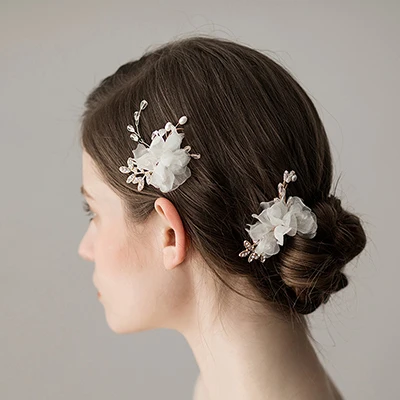  2021 New Flowers bride headdress Exquisite and beautiful chiffon flower Pearl bridal hair fork Wedding