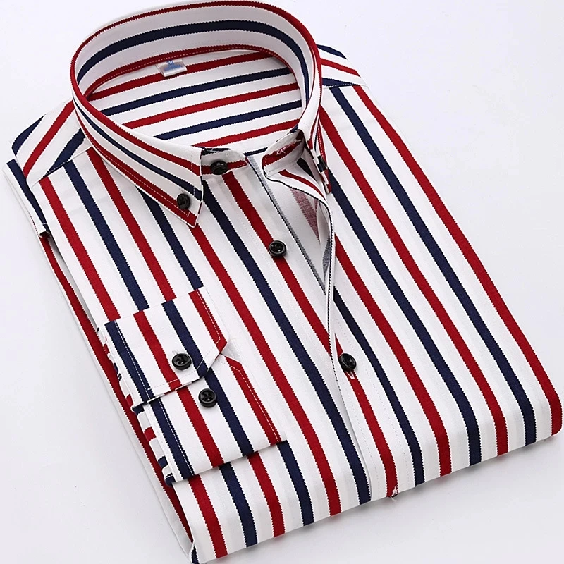 Quality Cotton Mens Dress Shirts Smart Casual Long Sleeve Striped Shirt Slim Male Social Business Shirts