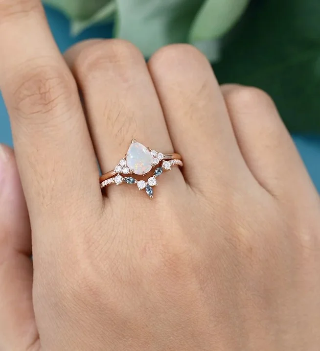 White Opal Jewelry 925 Sterling Silver Rose Gold Plating Pear Shape White Opal Women Fine Ring Set