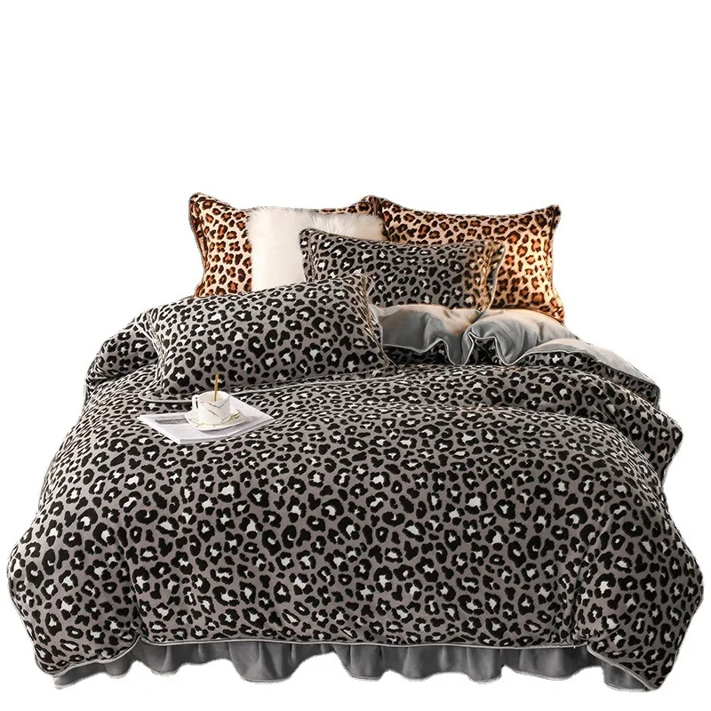 New thickened double-sided milk fleece four sets of bed skirt with fleece warm leopard-print bedding sets