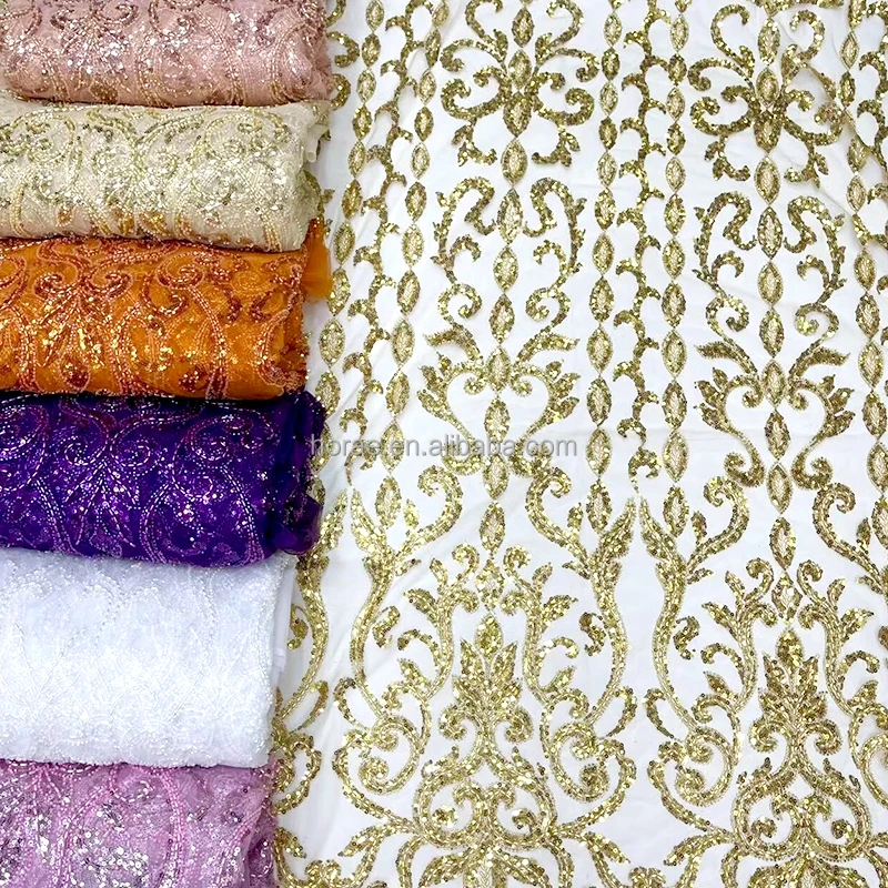 SF014 Wholesale Price Embroidery African Lace Mesh Fabrics Manufacturers 3D Heavy Beaded Sequin Fabric for Wedding Dress