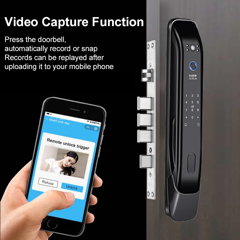 TUYA smart lock with camera phone app fingerprint lock touch screen handle alarm code Deadbolt door lock