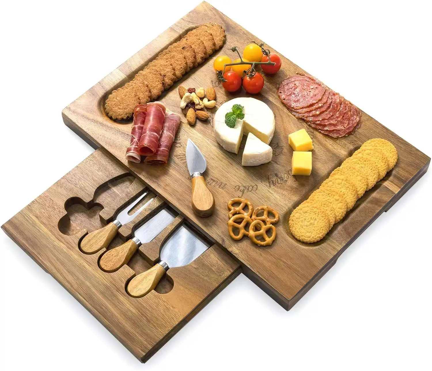Wholesale high quality Acacia cheese cheese board vegetable bread service tray with cheese cutter