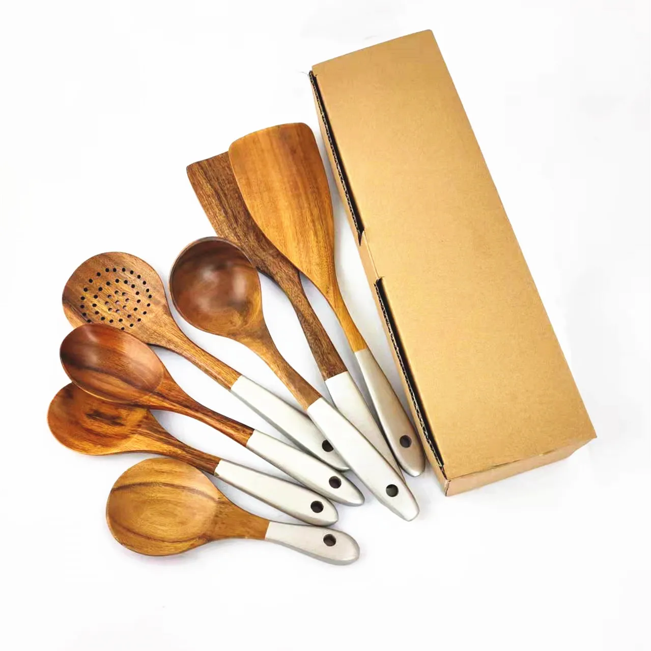 High Quality 7pcs  kitchen tools set cooking utensils t Natural teak Wood Utensils Wood kitchen Spatula
