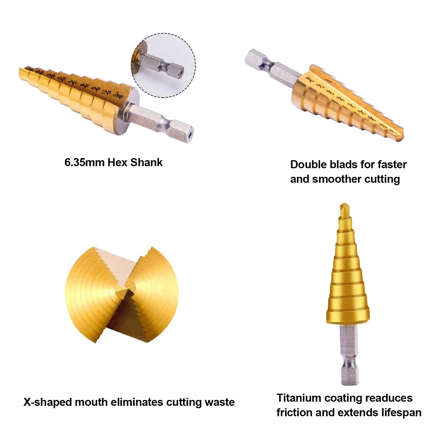 HSS Step Drill Bit Set 3PCS1/4 Hex Shank Titanium Coated High Speed Steel Hole Drill Cone Bits Metal Hole Drilling Cutting Hole