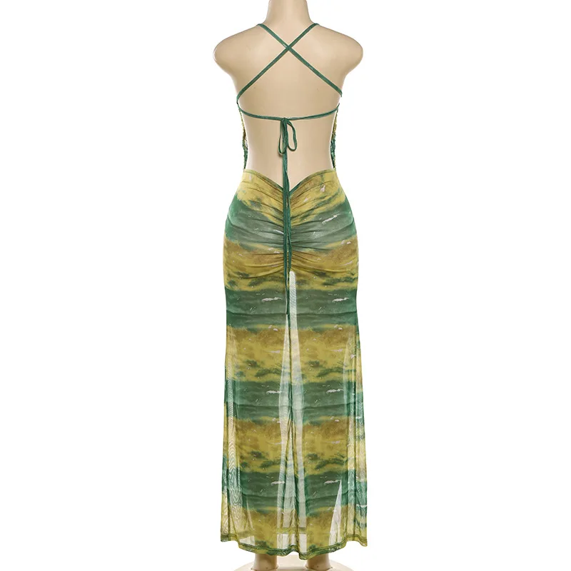 FS13989D women summer sleeveless print sexy maxi spilt dress