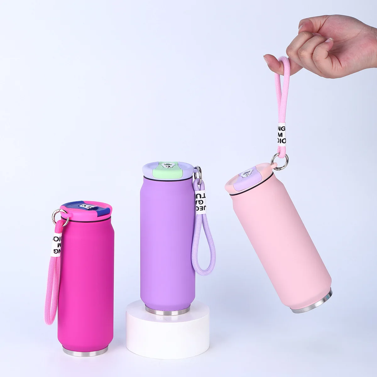 Colorful custom 17oz powder coated double wall cola can cup stainless steel vacuum insulated tumbler with lid/rope