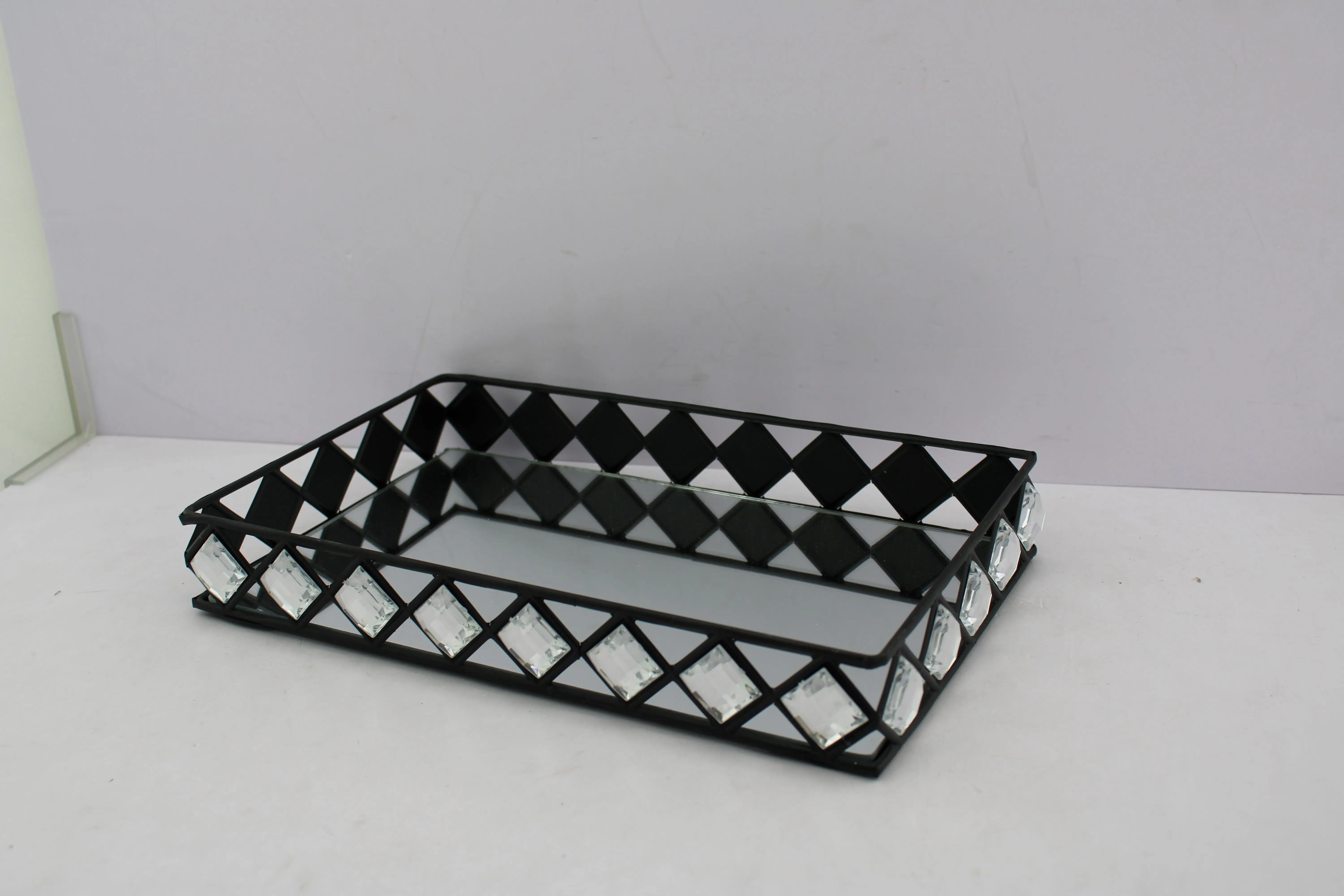 28x18cm Black/white Metal Tray with Silver Shining Beads and Mirror