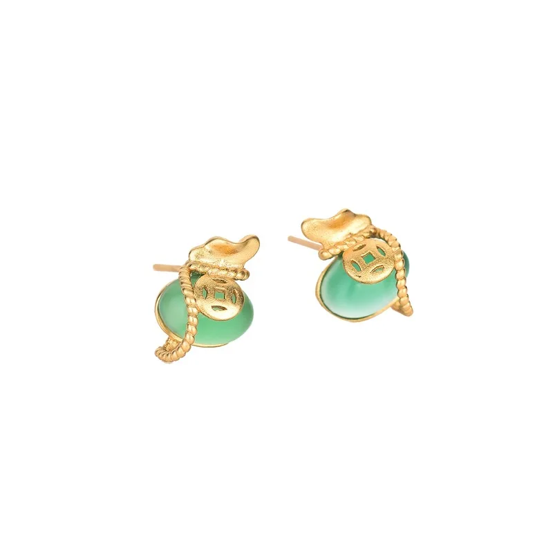 Antique Chinese Gold-Plated Copper Earrings Vintage Style Inlaid Artificial Jade 24k Plated Alloy Surprise Engagement Gift Girls