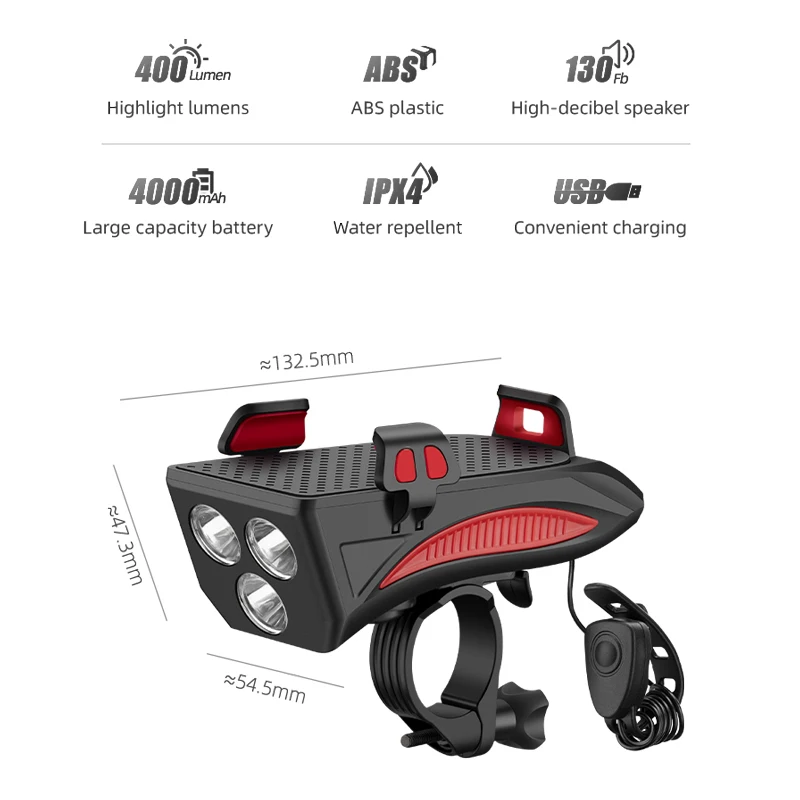 4 In 1 Multifunctional Phone Holder Power Bank Speaker USB Rechargeable 4000mAh Bicycle Light Waterproof LED Headlight
