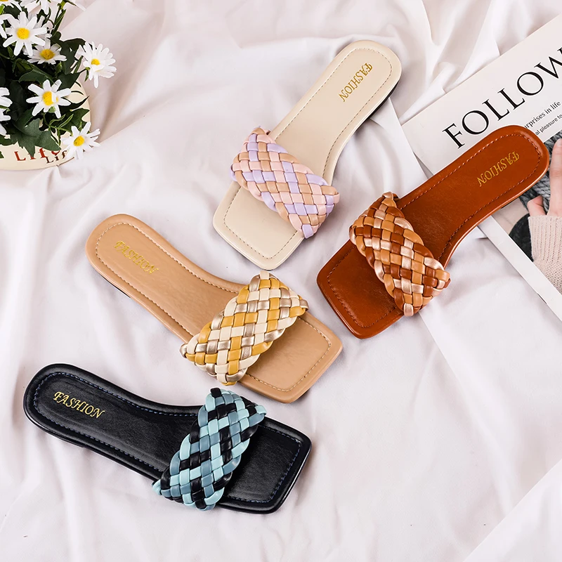 Wholesale flat slippers fancy fashion trending outerwear braided woven square toe casual sandal and flippers