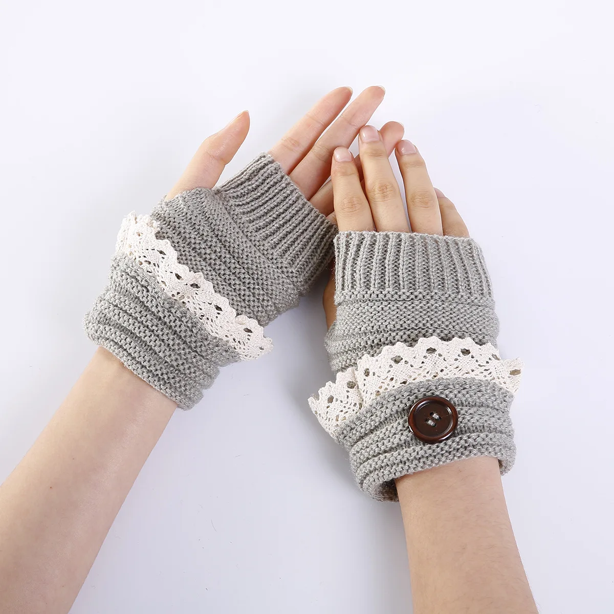 Wholesale Women Fall Winter Short Cuff Lace Patchwork Warm Knit Fingerless Gloves Hand Crochet Thumbhole Arm Warmers Mittens