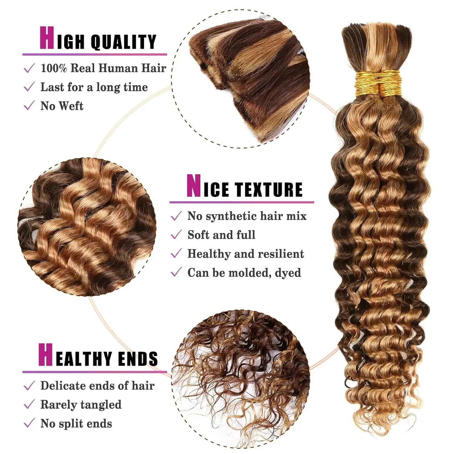 Factory Wholesale 100% Human Raw Virgin Hair Deep Wave Boho Braiding Bulk Bundles Hair