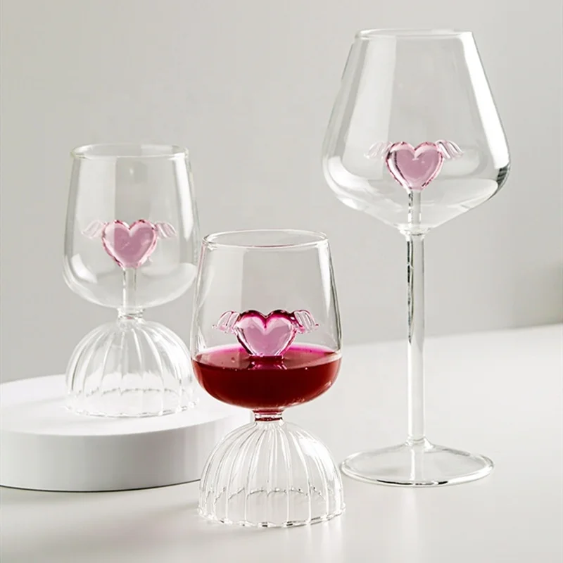 Custom Creative Heart shape Glass Cup Flower Shape Inside red pink 3D heart Wine Glasses Cup with wing for Wedding Tabletop Gift