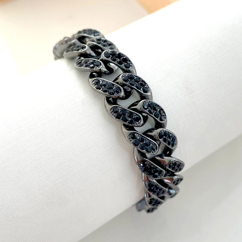 Fashion Hip Hop Black Diamond Iced Out Jewelry Bling Bling Crystal Rhinestones Miami Cuban Link Chain Bracelet For Men Women