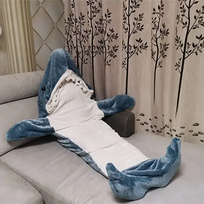 New Arrival Super Soft Cozy Flannel Shark Wearable Blanket Hoodie Sleeping Bag Adult Children Throw Blanket Wholesale