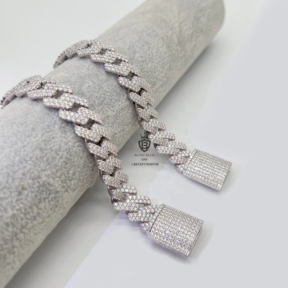 Popular design custom clasp gra certificate moissanite diamond 15mm cuban link sterling silver hip hop bracelets for mens