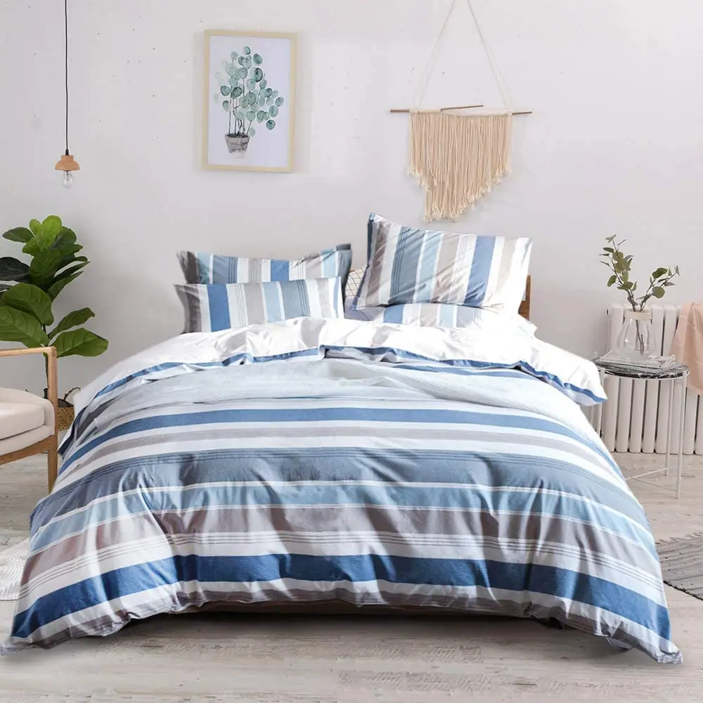 Luxury Blue 100% Cotton Yarn Dyed Striped 3 Pieces Bedding Bed Sheets Set Cotton Duvet Cover Set For Sale