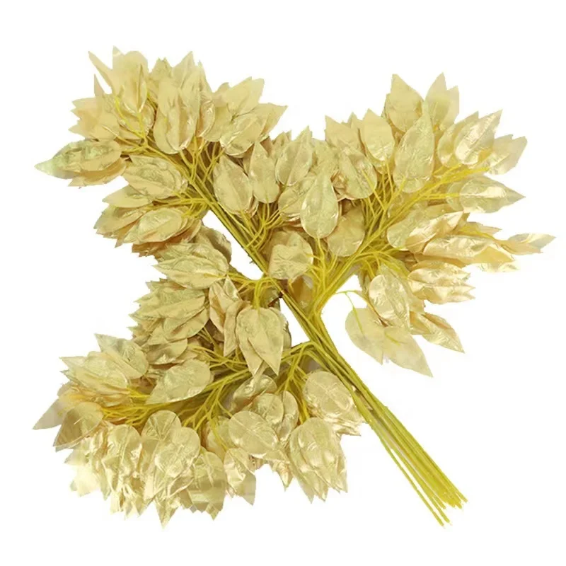 Wholesale cheap silk faux banyan plant white gold green decorative artificial banyan tree leaf latex artificial banyan leaves