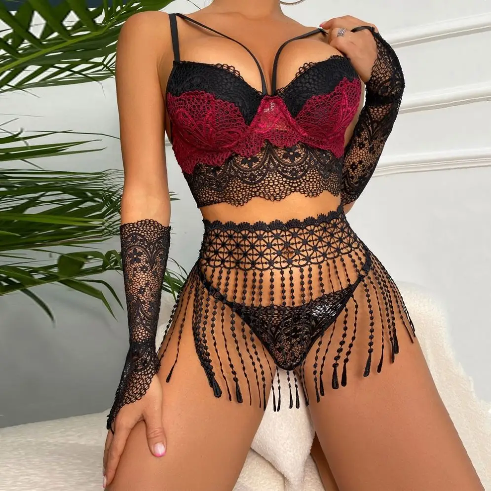 X1271 High Quality 4pcs Bra and Panty set with Tassels Garter Erotic Underwear for wman Sexy Embroidery Lace Lingerie set