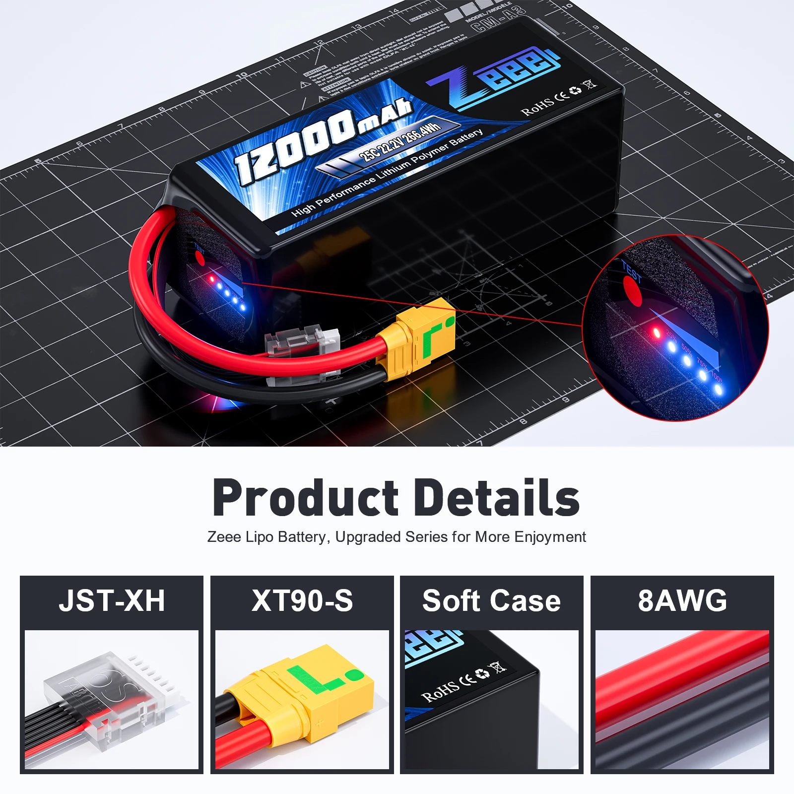 Zeee FPV Lipo Battery 6S 22.2V 12000mAh 25C Soft case Drone Battery With XT90-S Connector RC Drone Battery