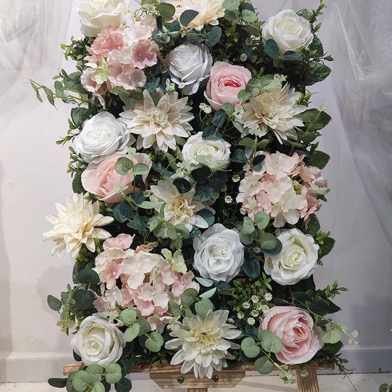 Latest Design Decoration Red Peach Rose Hydrangea Artificial Flower Backdrop Floral Wall Panel Roll up for Wedding