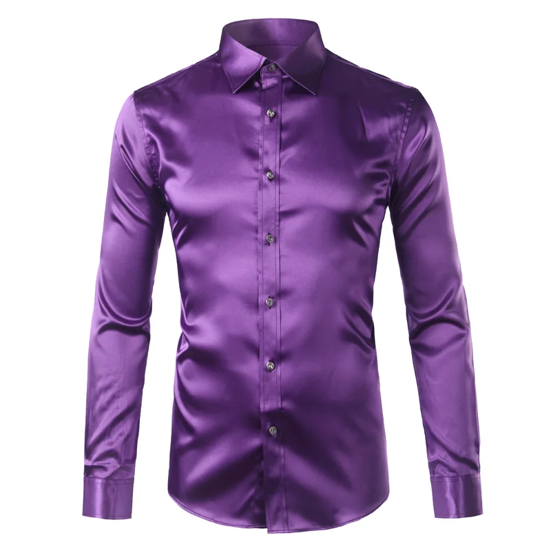 Custom Satin Silk Men  Fashion Long Sleeve Mens Slim Tuxedo Shirts Casual  Button Down Dress Shirts