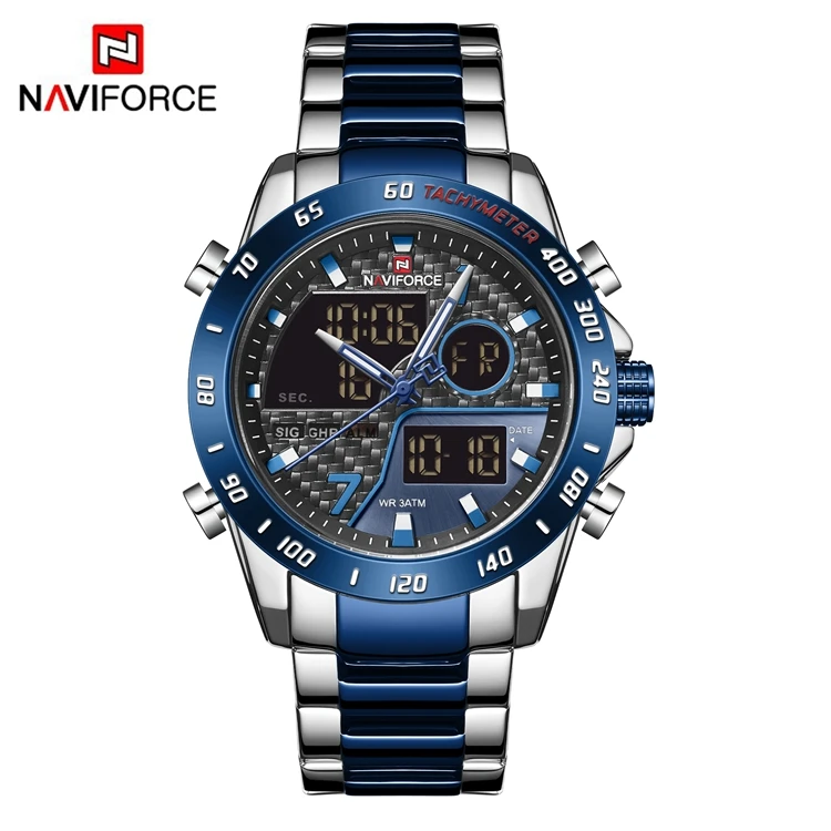 NAVIFORCE NF9171 модные крутые черные часы из нержавеющей стали для мужчин японские кварцевые цифровые наручные два