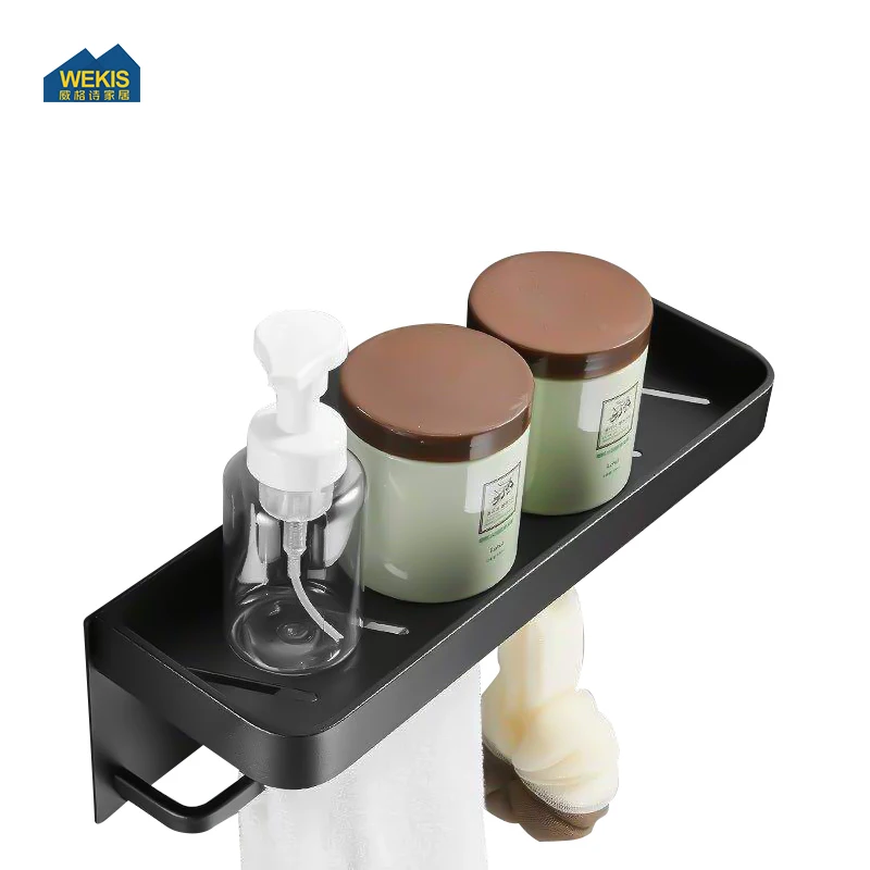 Wall Mounted Black Aluminum Bathroom Shelf Metal Self  Towel Hook Towel Rack Holder Shower Shelf
