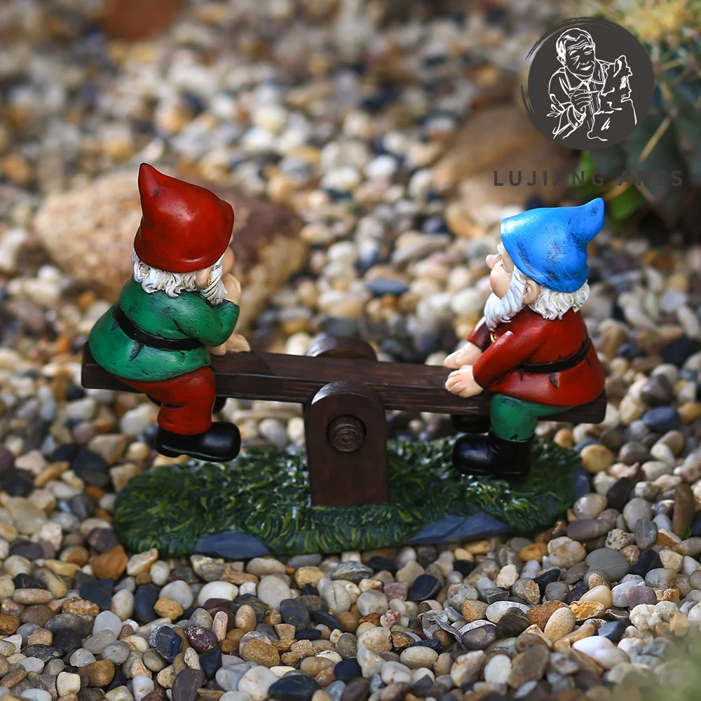 7.8 inch Gnome on Seesaw Statue Resin Gnome Sculpture Decoration Funny Gnome on Seesaw Figurine Garden Gift