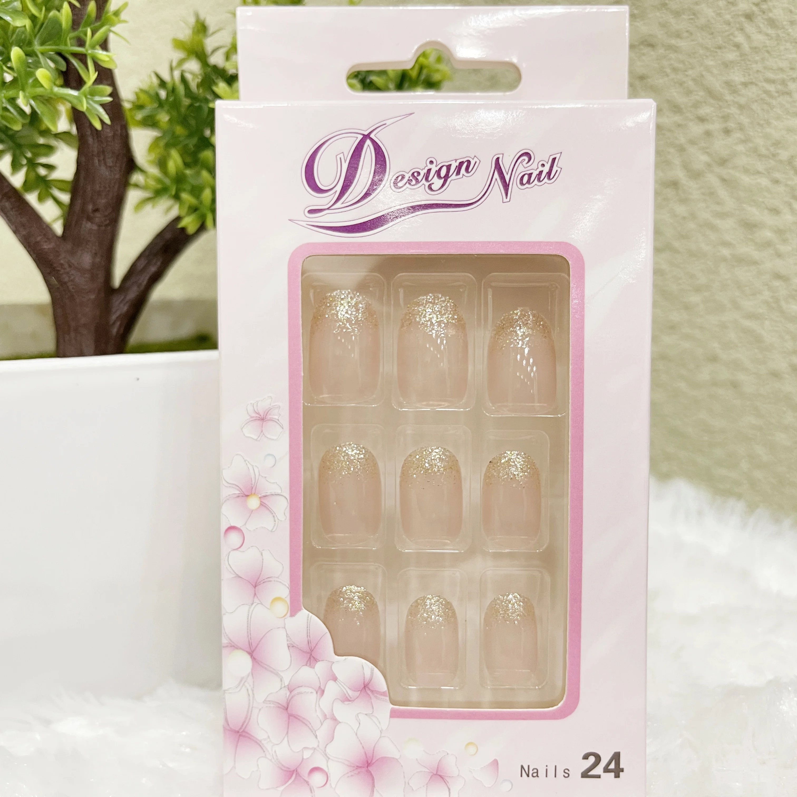 24 шт. эффектом деграде (переход от темного к дизайн персиковый цвет основы с золотым блеском полного покрытия овальной формы клей tab искусственные ногти