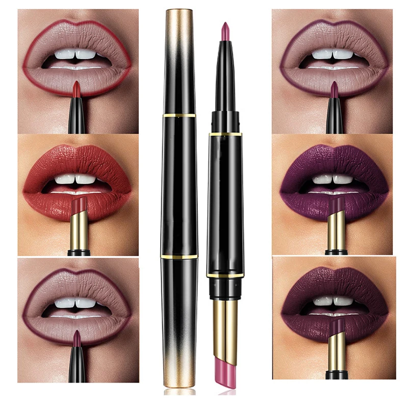 2 In 1 Double Head Lip Lipliner Pen Matte Lipstick Long Lasting Waterproof Pigments Color Liner Pencils Women Makeup