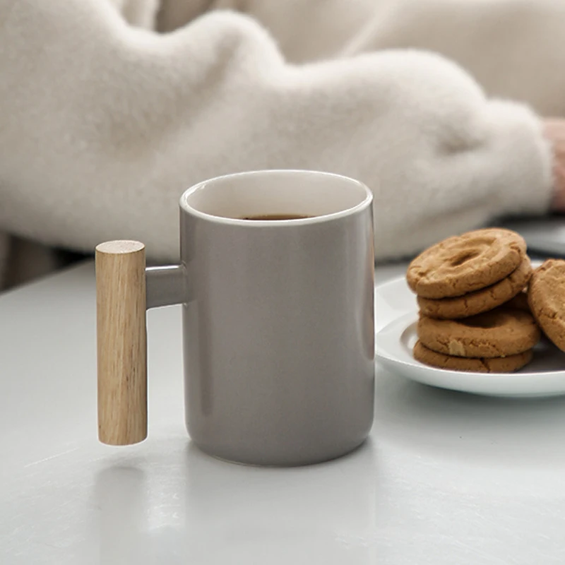 14 oz matte black grey exquisite logo unique vintage customized ceramic mugs with wooden handle bamboo lid and stir spoon