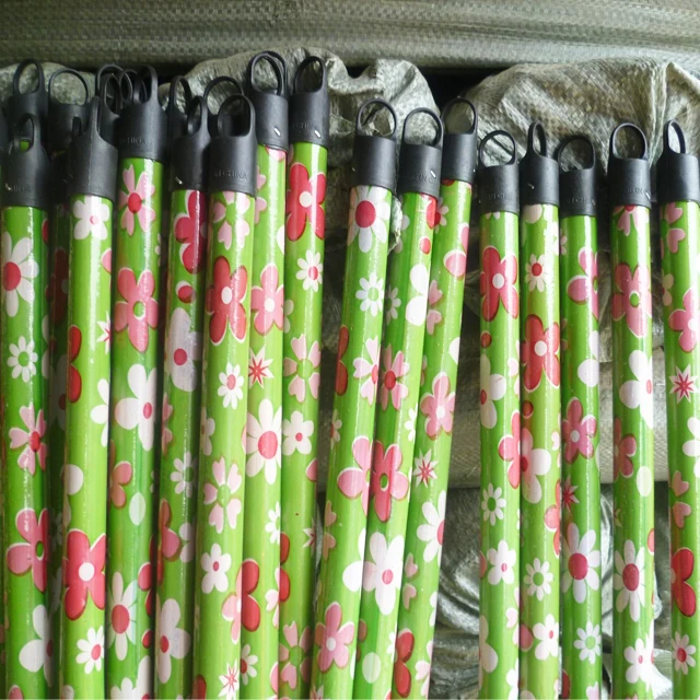 high quality PVC coated wood broom handle wooden broom stick with Italian thread flower designs